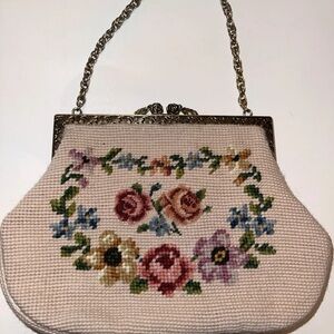 Floral Embroidered Cream Purse Vintage Needlepoint Satin Lined